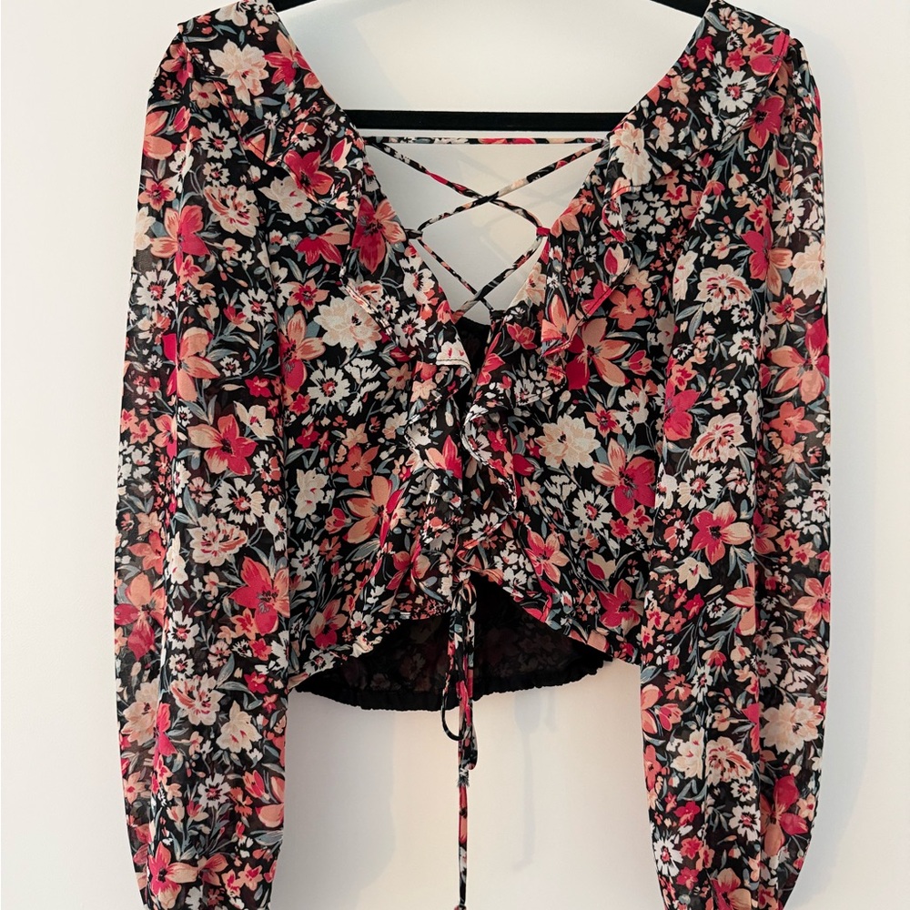 Floral Lace-Up Back V-Neck Women’s Top - Pink Multicolor - Picture 7 of 8